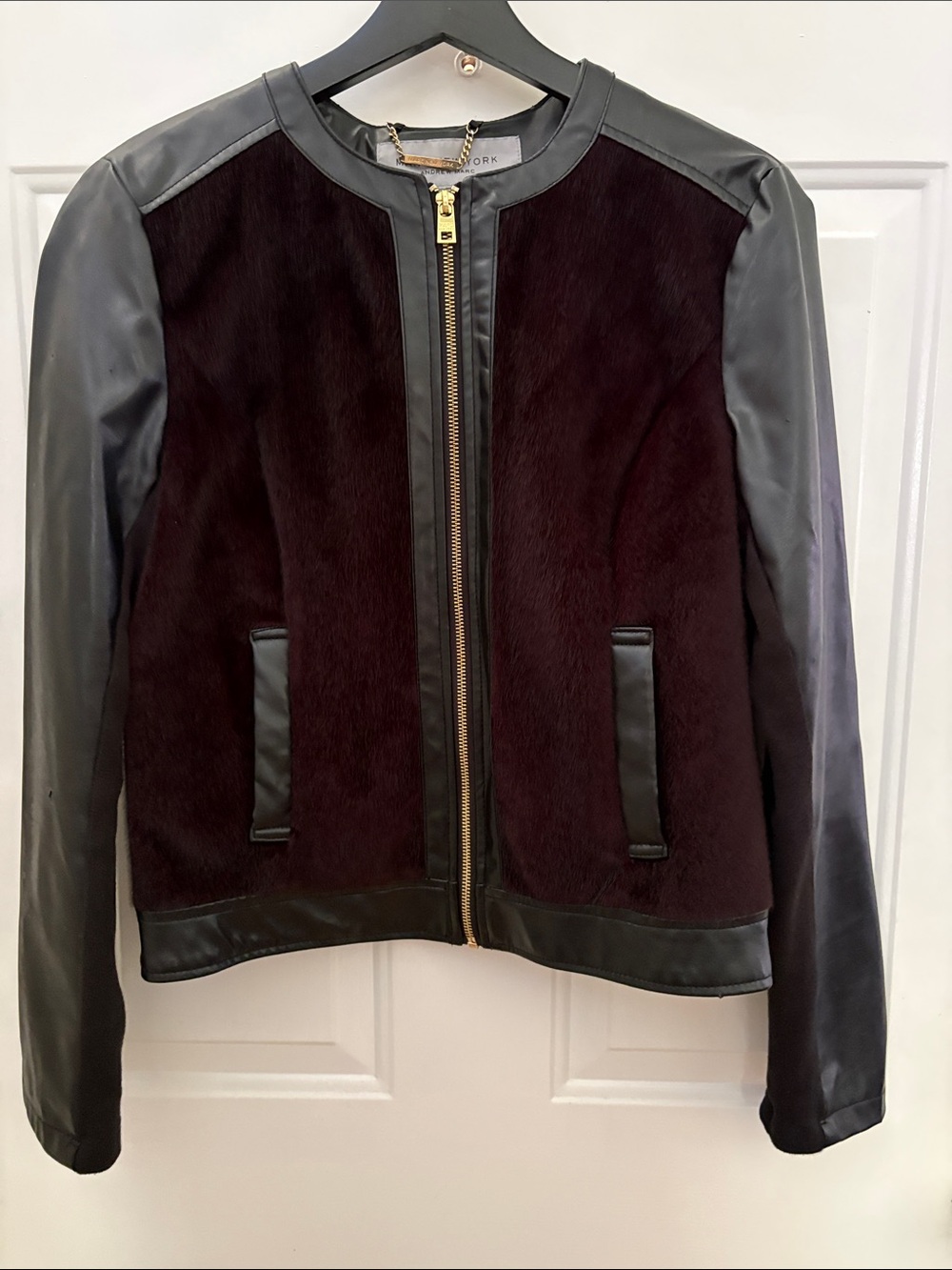 Marc New York Black Jacket with burgundy “fur” panel detail and Gold Hardware